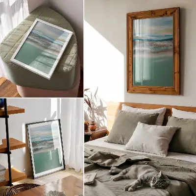 Wandposter abstraktes Kunstwerk in Blau Grün und Creme