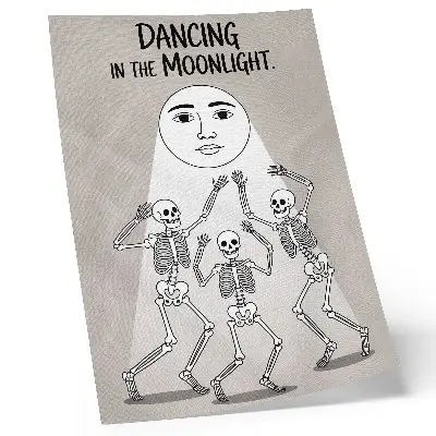 Poster schwarz-weiße Skelette vor einem beige-farbenen Mond