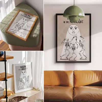 Poster schwarz-weiße Skelette vor einem beige-farbenen Mond