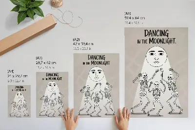 Poster schwarz-weiße Skelette vor einem beige-farbenen Mond