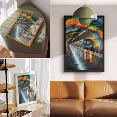 Wandposter die Decke über der U-Bahn in leuchtenden Regenbogenfarben