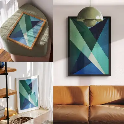 Kunstdruck auf Leinwand grüne und blaue Dreiecke mit unterschiedlicher Intensität