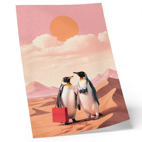 Wandposter surreale Landschaft mit Pinguinen in der Wüste