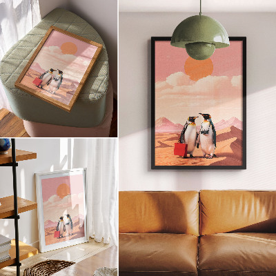 Wandposter Pinguine in der Wüste – surreale Landschaft