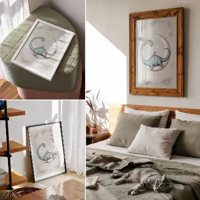 Wandposter Dinosaurier auf dem Mond mit Sternen im pastellfarbenen Weltraum