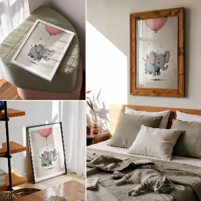Poster Elefant mit Ballon in Rosa mit Motiv Kinderfreude
