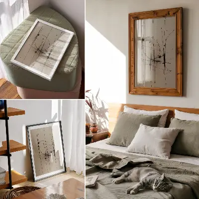 Kunstdruck auf Leinwand beigefarbener Hintergrund mit minimalistischer schwarzer Linienabstraktion