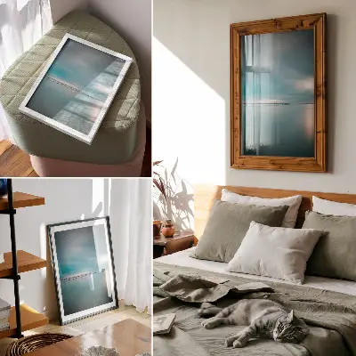 Wandposter eine Brücke über ruhigem blauem Wasser