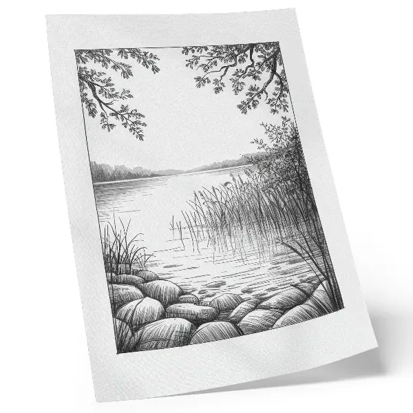 Wandposter Landschaft mit See, Blättern und Steinen in harmonischer Stille
