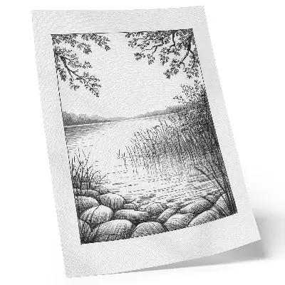 Wandposter Landschaft mit See, Blättern und Steinen in harmonischer Stille