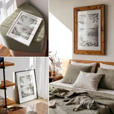 Wandposter Landschaft mit See, Blättern und Steinen in harmonischer Stille
