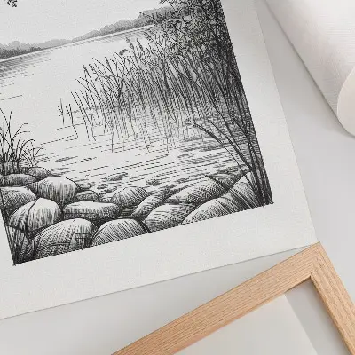 Wandposter Landschaft mit See, Blättern und Steinen in harmonischer Stille