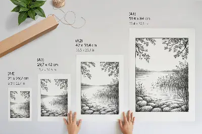 Wandposter Landschaft mit See, Blättern und Steinen in harmonischer Stille