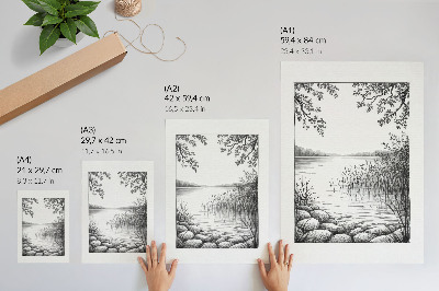 Wandposter Landschaft See Blätter Steine ​​Harmonie Stille