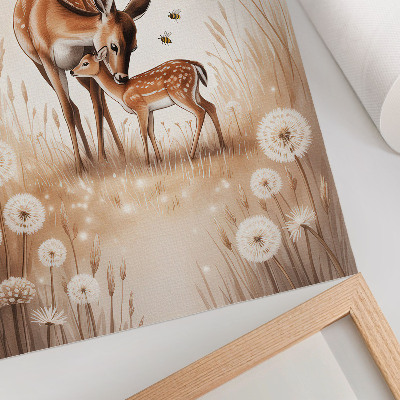 Kunstdruck leinwand Reh mit Kitz, leuchtend bunte Blumen