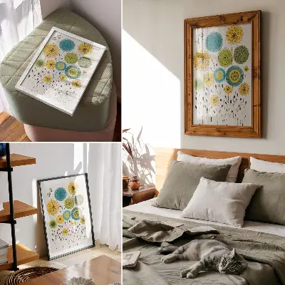 Kunstdruck auf Leinwand bunte Kreise mit dünnen Linien im modernen Stil