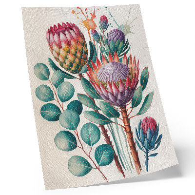 Wandposter Exotische Protea-Blüten, grüne Blätter