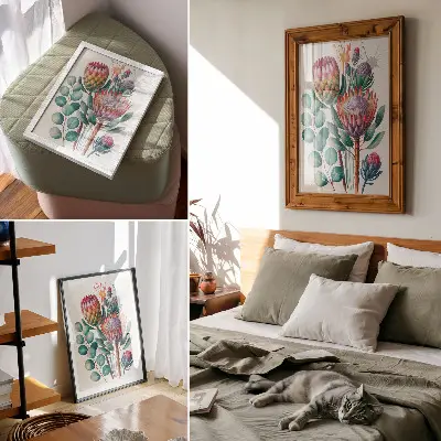 Wandposter mit exotischen Protea-Blüten und grünen Blättern
