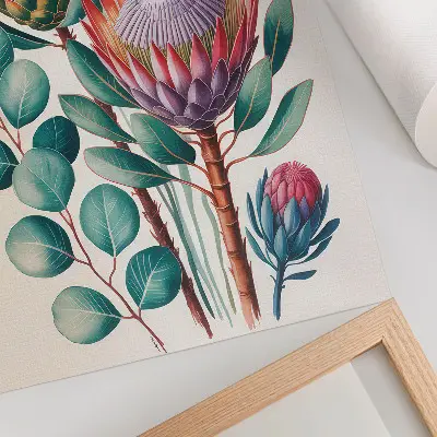 Wandposter mit exotischen Protea-Blüten und grünen Blättern