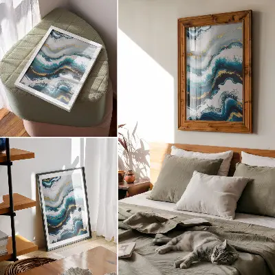 Wandposter türkisfarbene Wellen mit goldenen Akzenten im modernen Design