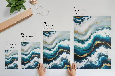 Wandposter türkisfarbene Wellen mit goldenen Akzenten im modernen Design