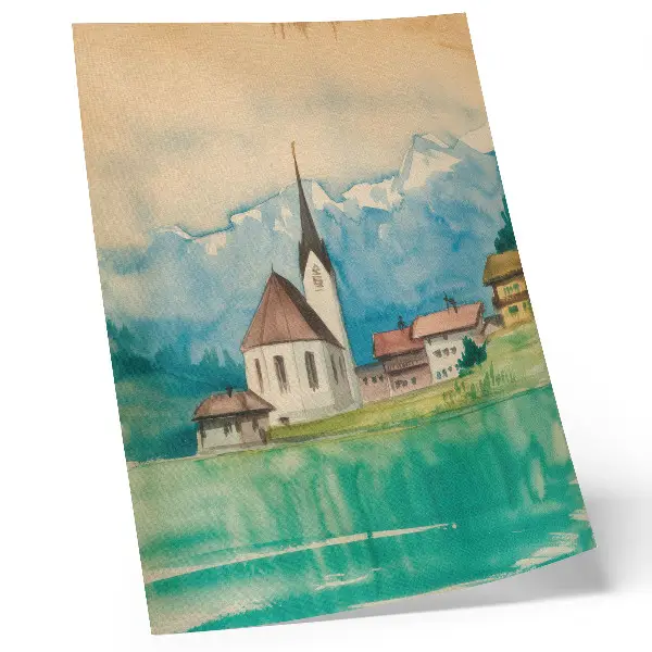 Wandposter Aquarellbild von einer Kirche in den Bergen mit friedlichem Naturmotiv