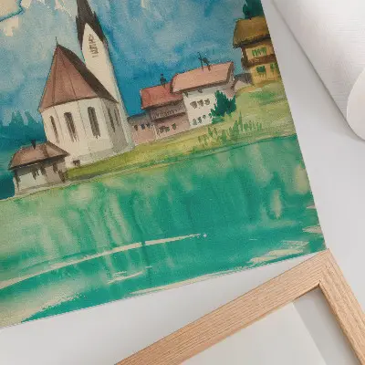 Wandposter Aquarellbild von einer Kirche in den Bergen mit friedlichem Naturmotiv