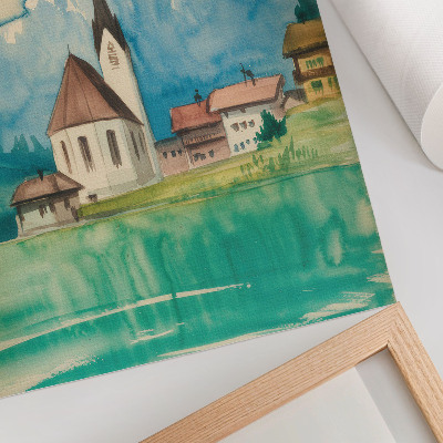 Wandposter Kirche in den Bergen, Aquarell, Frieden, Natur