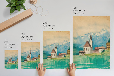 Wandposter Kirche in den Bergen, Aquarell, Frieden, Natur
