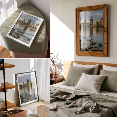 Poster Malerisches Stadtpanorama mit Brücke über den Fluss