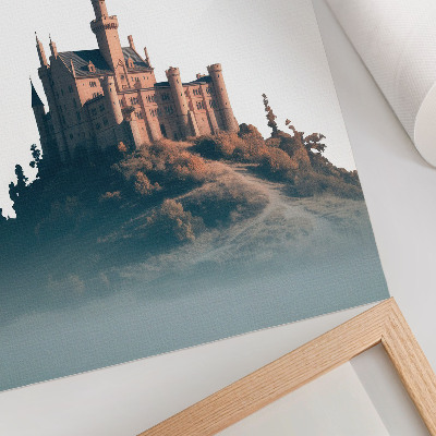 Wandposter Burg auf einem Hügel mit Nebel und Text