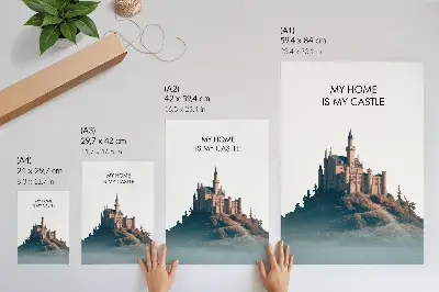 Wandposter Burg auf einem Hügel mit Nebel und Schriftzug