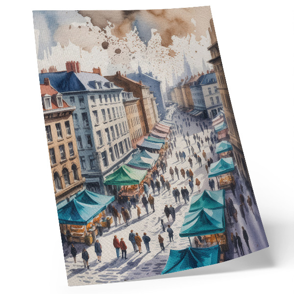 Poster Farbenfrohe Stadtszene, Menschen, Stände, Aquarell