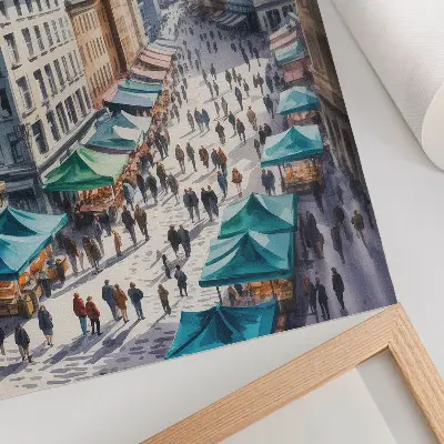 Poster farbenfrohe Stadtszene mit Menschen und Ständen im Aquarell-Stil