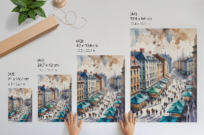 Poster Farbenfrohe Stadtszene, Menschen, Stände, Aquarell