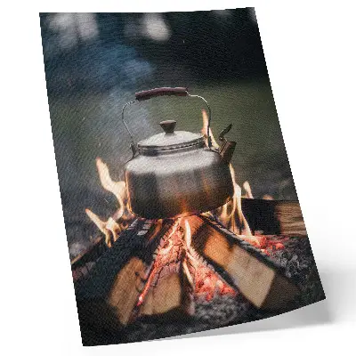 Wandposter metallischer Kessel mit Holzflammen in der Natur