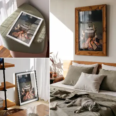 Wandposter metallischer Kessel mit Holzflammen in der Natur