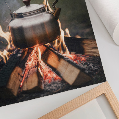 Wandposter Metallischer Kessel, Holzflammen, Natur