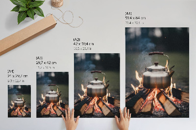 Wandposter Metallischer Kessel, Holzflammen, Natur