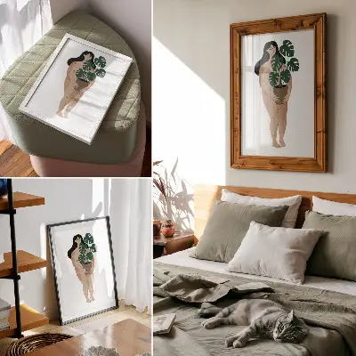 Leinwand-Kunstdruck Frau mit einem Blumentopf im minimalistischen Stil für eine friedliche Atmosphäre