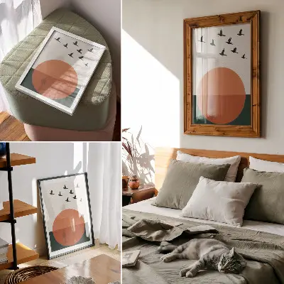 Wandposter Vögel im Flug in einem orangefarbenen Kreis im minimalistischen Stil