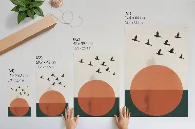 Wandposter Vögel im Flug in einem orangefarbenen Kreis im minimalistischen Stil