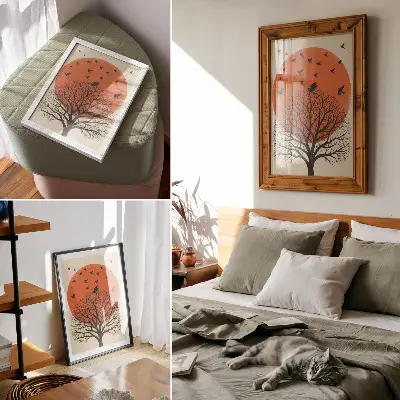 Wandposter mit minimalistischem Motiv von Vögeln, Baum und Sonne