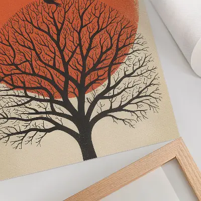 Wandposter mit minimalistischem Motiv von Vögeln, Baum und Sonne