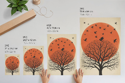 Wandposter Vögel, Baum, Sonne – Motiv im minimalistischen Stil