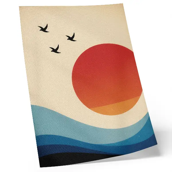 Wandposter mit abstraktem Motiv aus großer Sonne, blauen Wellen und Vögeln