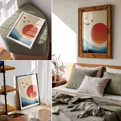 Wandposter Abstraktion große Sonne blaue Wellen Vögel