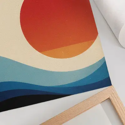 Wandposter mit abstraktem Motiv aus großer Sonne, blauen Wellen und Vögeln