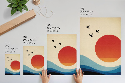 Wandposter Abstraktion große Sonne blaue Wellen Vögel