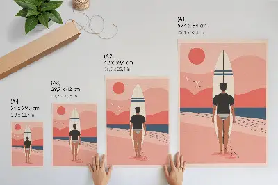 Poster mit Surfbrett am Strand für Ruhe und Entspannung am Meer